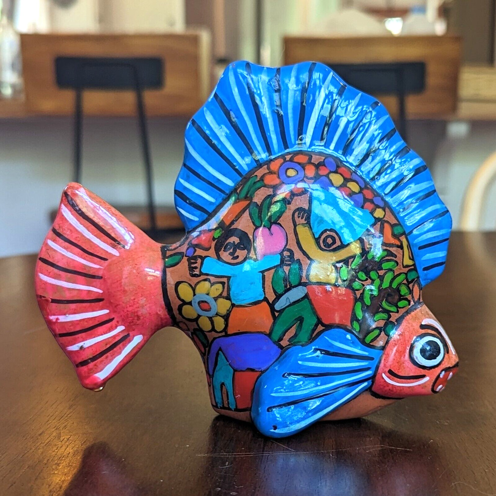 Mexican Isidoro Talavera Fish Folk Art Hand Painted Multicolored Mythology Scene - Picture 12 of 12